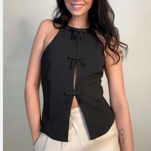 Missguided Black Halter Top Peek a Boo Bow Details S